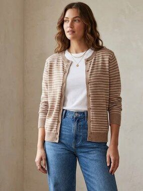 GAP Striped Crewneck Button-Front Sweater Cardigan Light Brown White XL